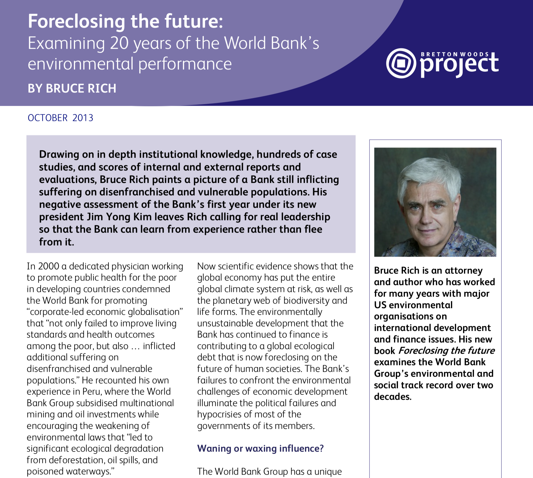 Foreclosing the Future: Examining 20 years of the World Bank's Environmental Performance