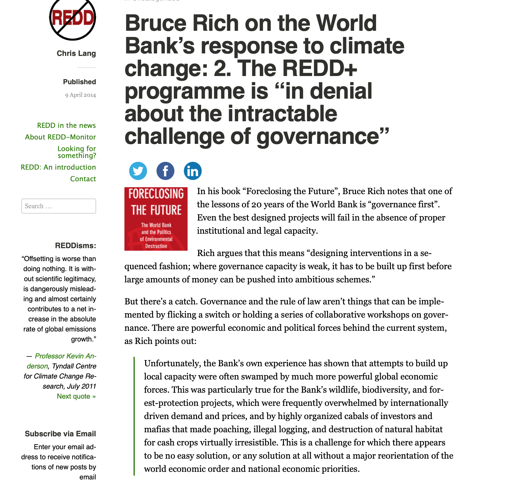 The REDD+ Program is in Denial About the Intractable Problem of Governance