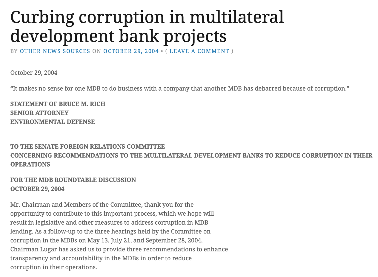 Submission to the Senate Foreign Relations Committee Roundtable on Recommendations to the Multilateral Development Banks to Reduce Corruption in Their Operations
